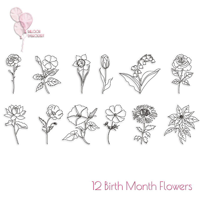 12 Birth Month Flowers Continuous Single Run Quilt Block Embroidery Designs