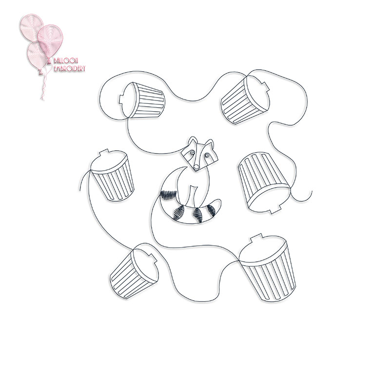 Raccoon and bins Continuous Single Run Quilt Block Embroidery design