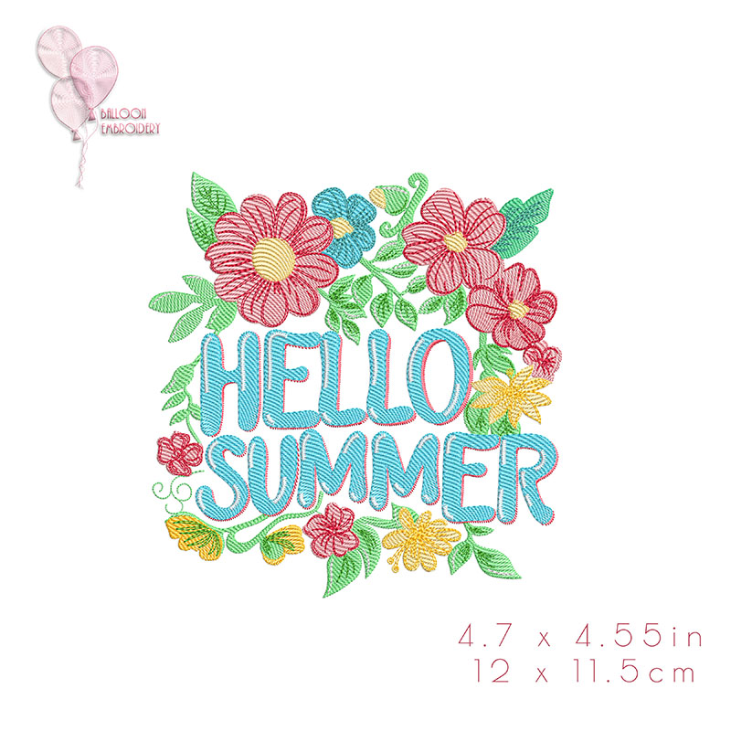 Hello Summer Flower Sign Sketch-Effect Machine Embroidery Design Digital Files