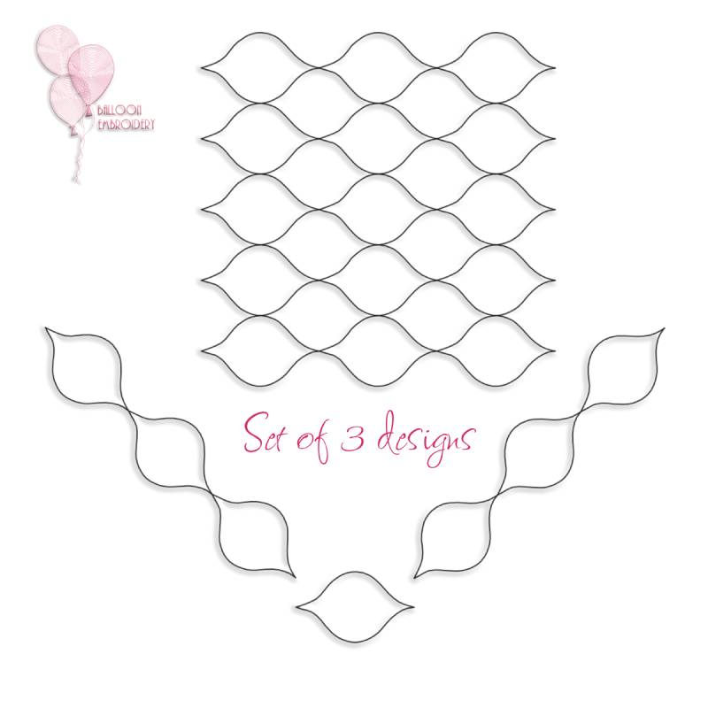 Set of 3 Designs-Block, Border and Corner Almond Eye Islimi Boteh Rumi Leaf Petal Shape Edge to Edge Continuous Single Run Quilt Block Embroidery Design+ Free Motion Quilting Image